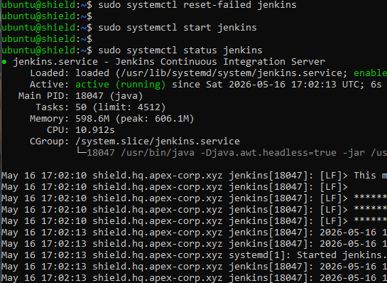 systemctl status jenkins showing active running and Jenkins service started successfully